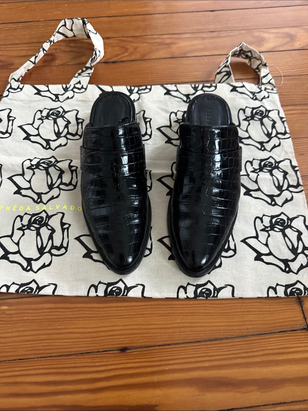 Freda Salvador Black Croc-Embossed Leather Slip-On Mule